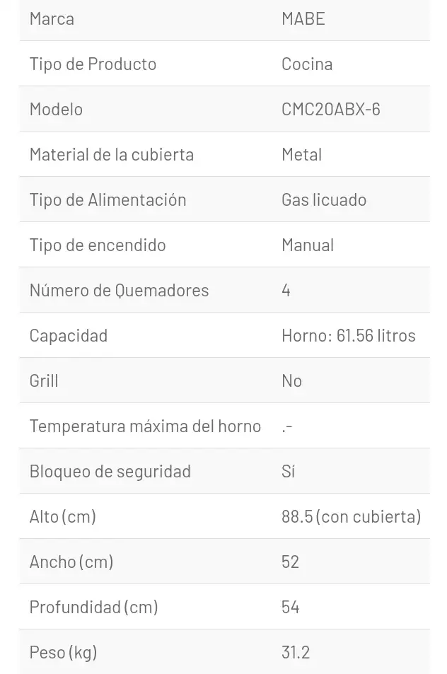 COCINA MABE CMC20ABX 4 PLATOS 4
