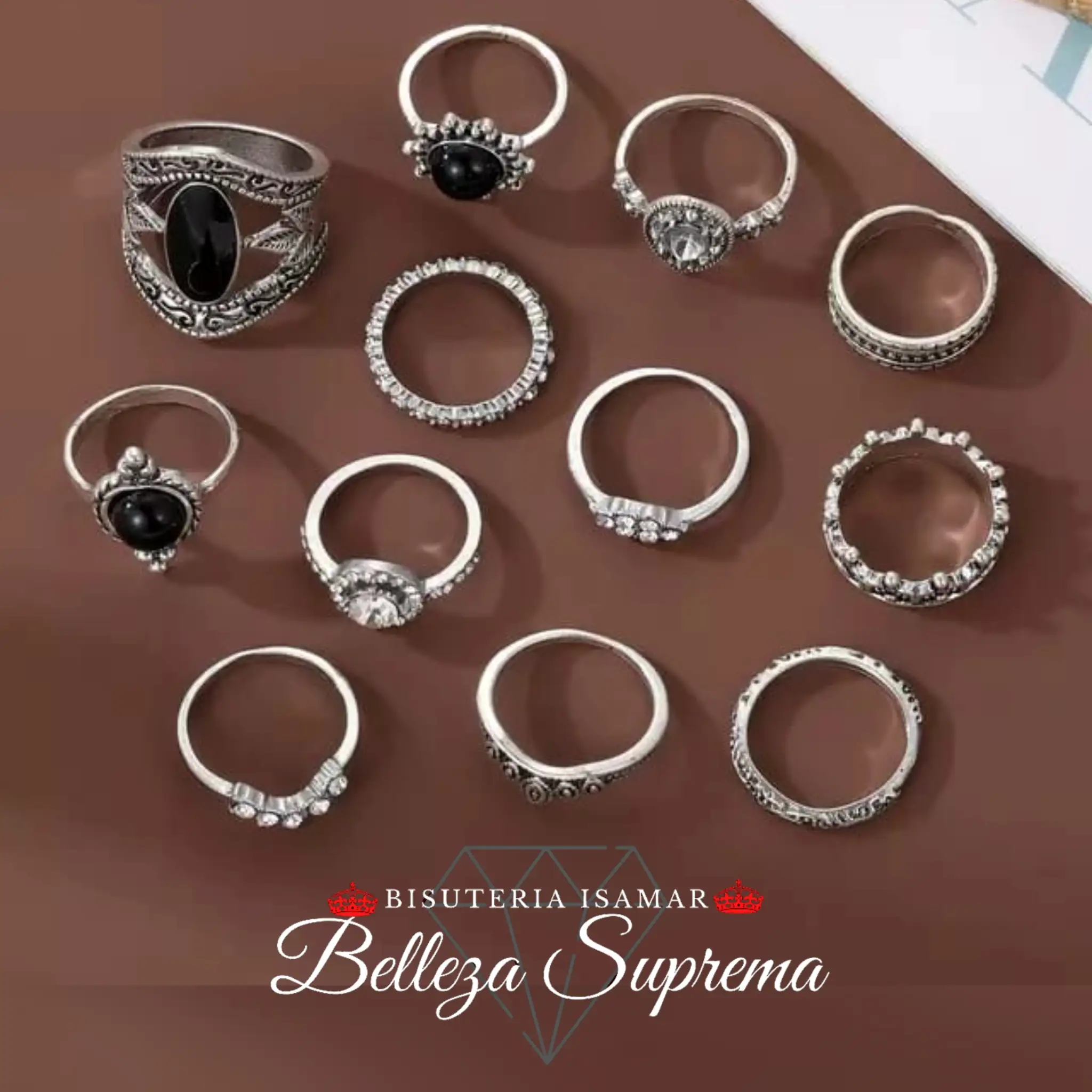 SET DE 12 ANILLOS EN PLATA QUEMADA PEDRERIA NEGRA  3