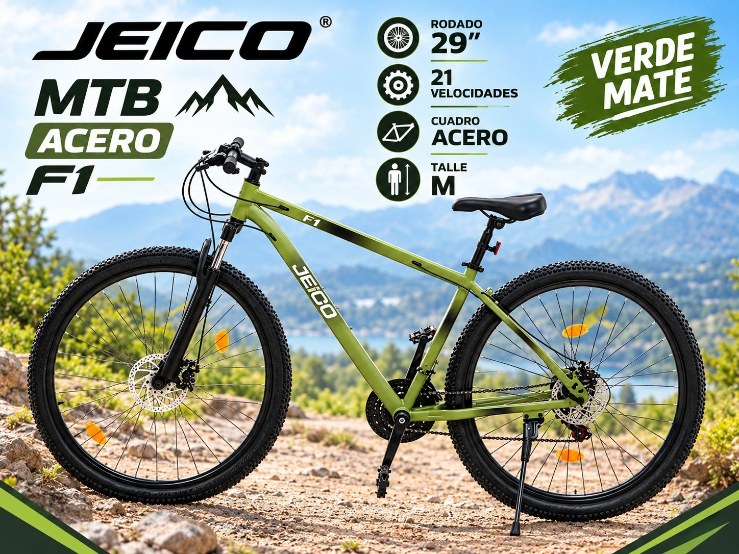 🚲BICICLETA MTB ACERO JEICO F1 VERDE MATE 