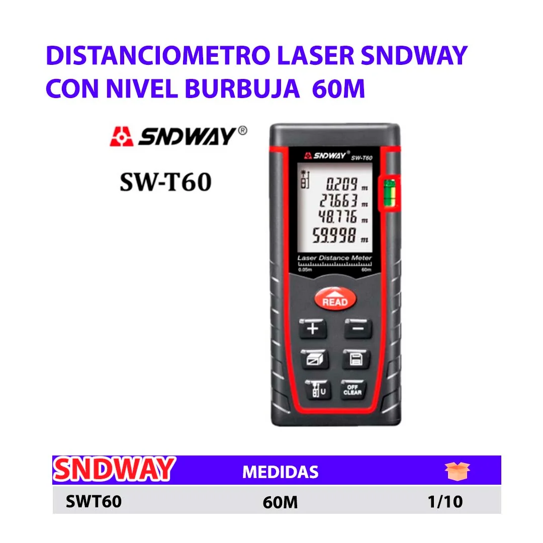 Distanciometro LASER SNDWAY c/Nivel Burbuja 60M