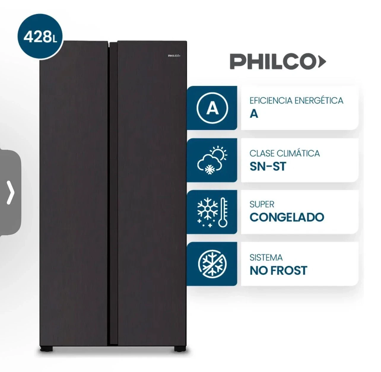 HELADERA PHILCO SIDE BY SIDE NO FROST 428LTS NEGRA PHSB450N