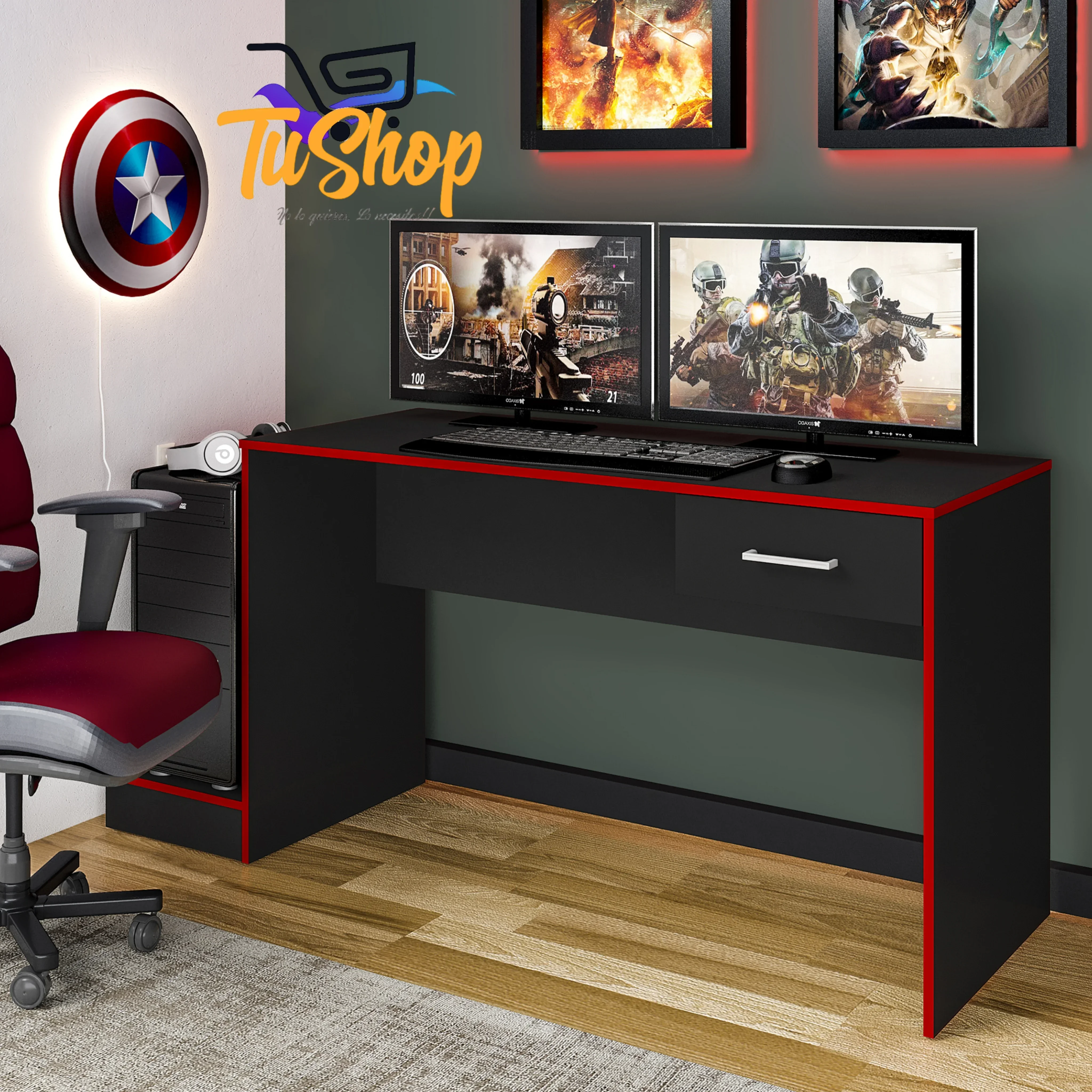 Escritorio Gamer Red Flag Negro con Rojo 6