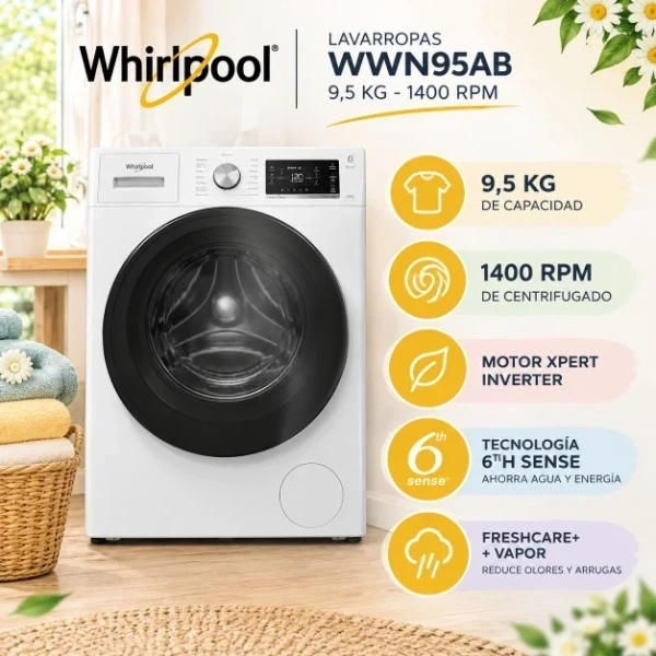 LAVARROPAS WHIRLPOOL WNQ95AB 9.5KG 1400RPM INVERTER BLANCO