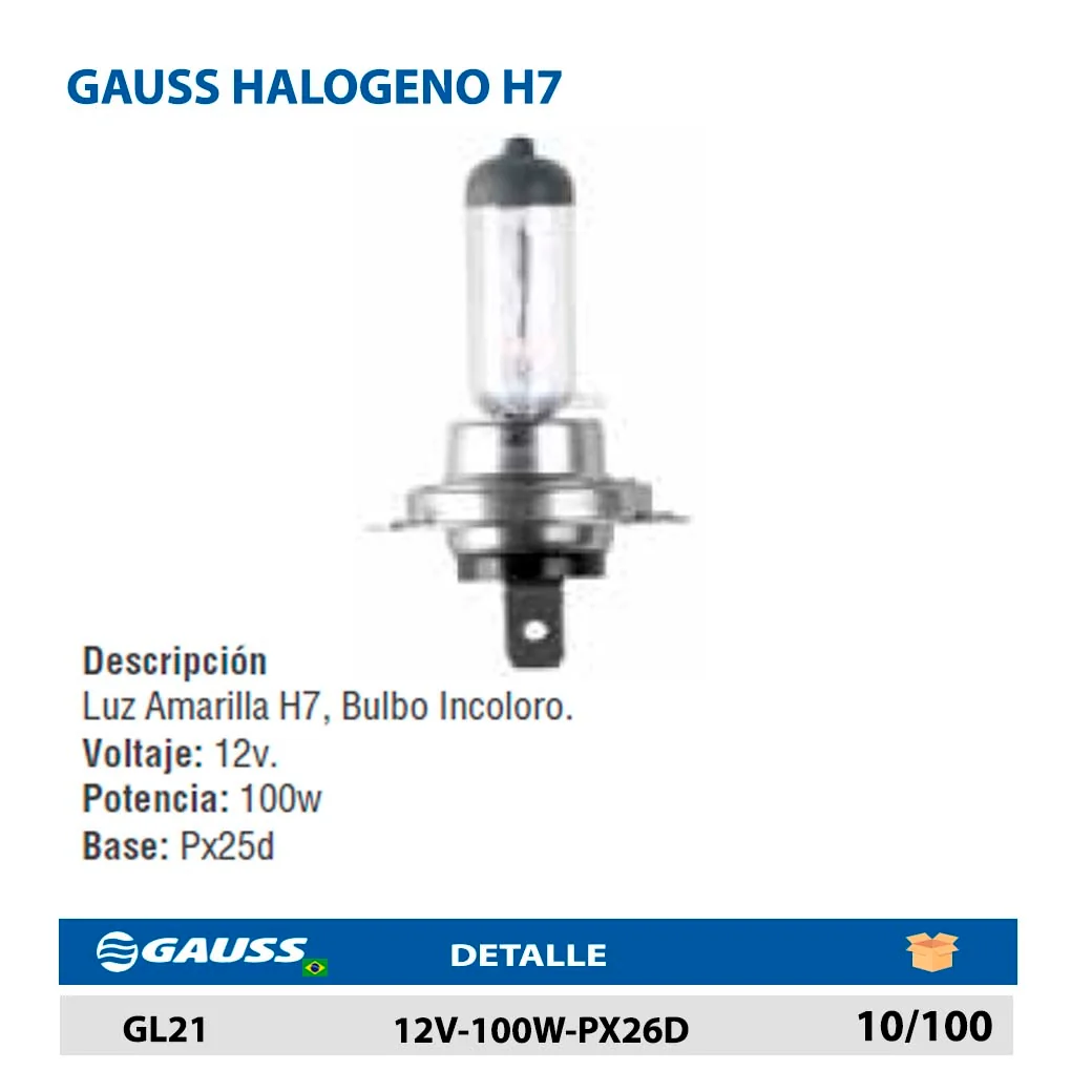 GAUSS HALOGENO H7 12V-100W-PX26D
