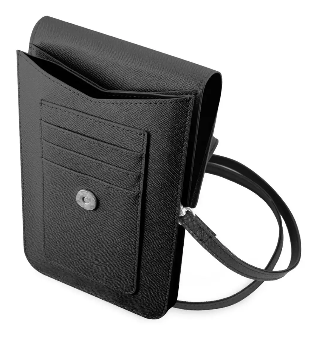 Urban Bolso Wallet Saffiano Negro Logo Triangulo Guess Acabado de los herrajes Metal Diseño de la tela Diseño Triangulo