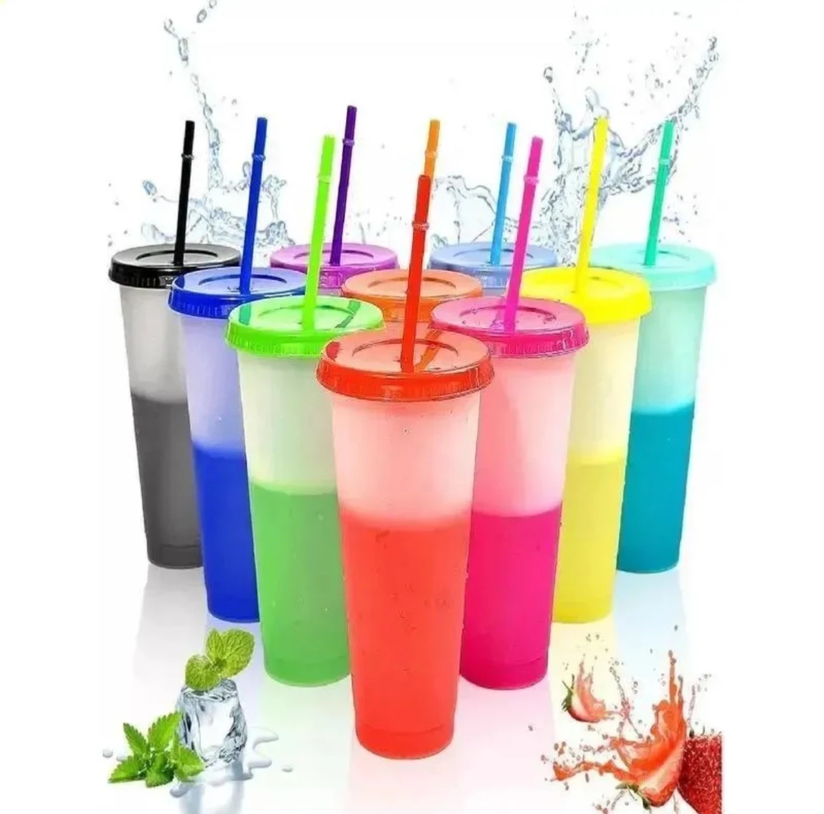 Pack 10 Vasos Mágicos Mágicos Mágicos (710 ml / 24 oz) Cambian de Color con Bebidas Frías ✨🥤 | Reutilizables con Tapa y Popote