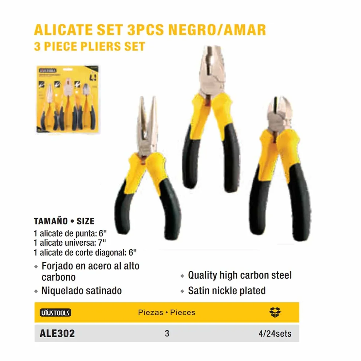 SET ALICATES de 3pz UYUST UNIV 7" CORT 6" PUNT 6"