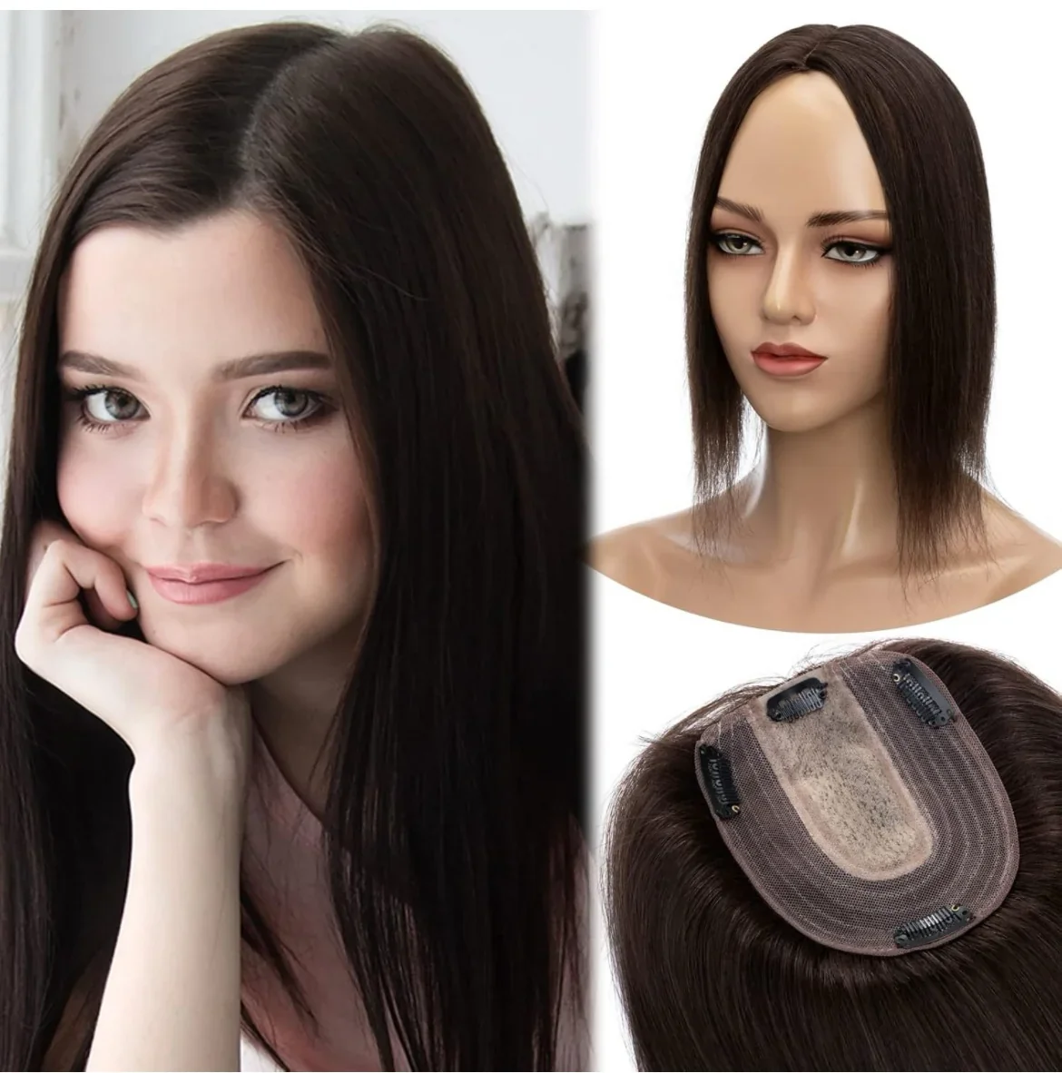 Toppers de cabello humano Remy real, densidad del 130%, 3.9 x 4.7 in, base de seda, sin flequillo, piezas de cabello lacio para cabello fino, 12 pulgadas, color marrón