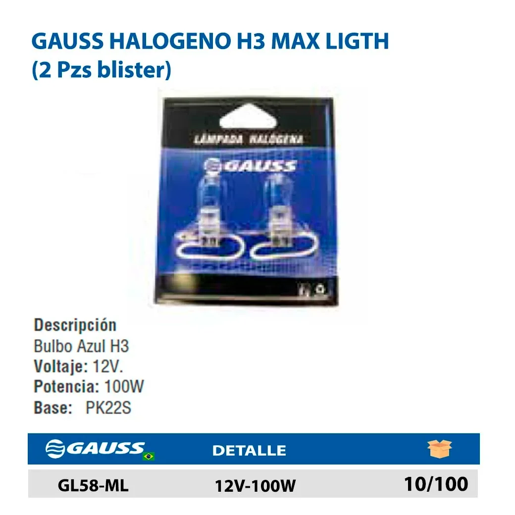 GAUSS HALOGENO H3 MAX LIGTH  (2 Pzs blister) 12V-100W