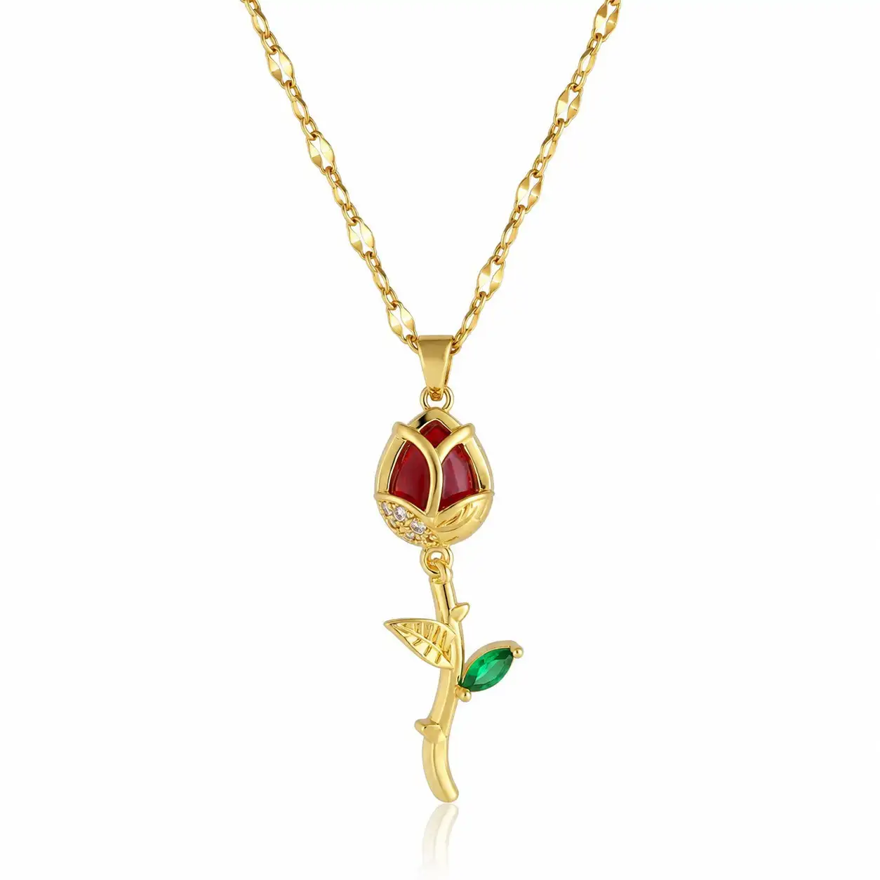 Cadena Y Dije En Acero Con Piedra Circon De Tulipan Rojo