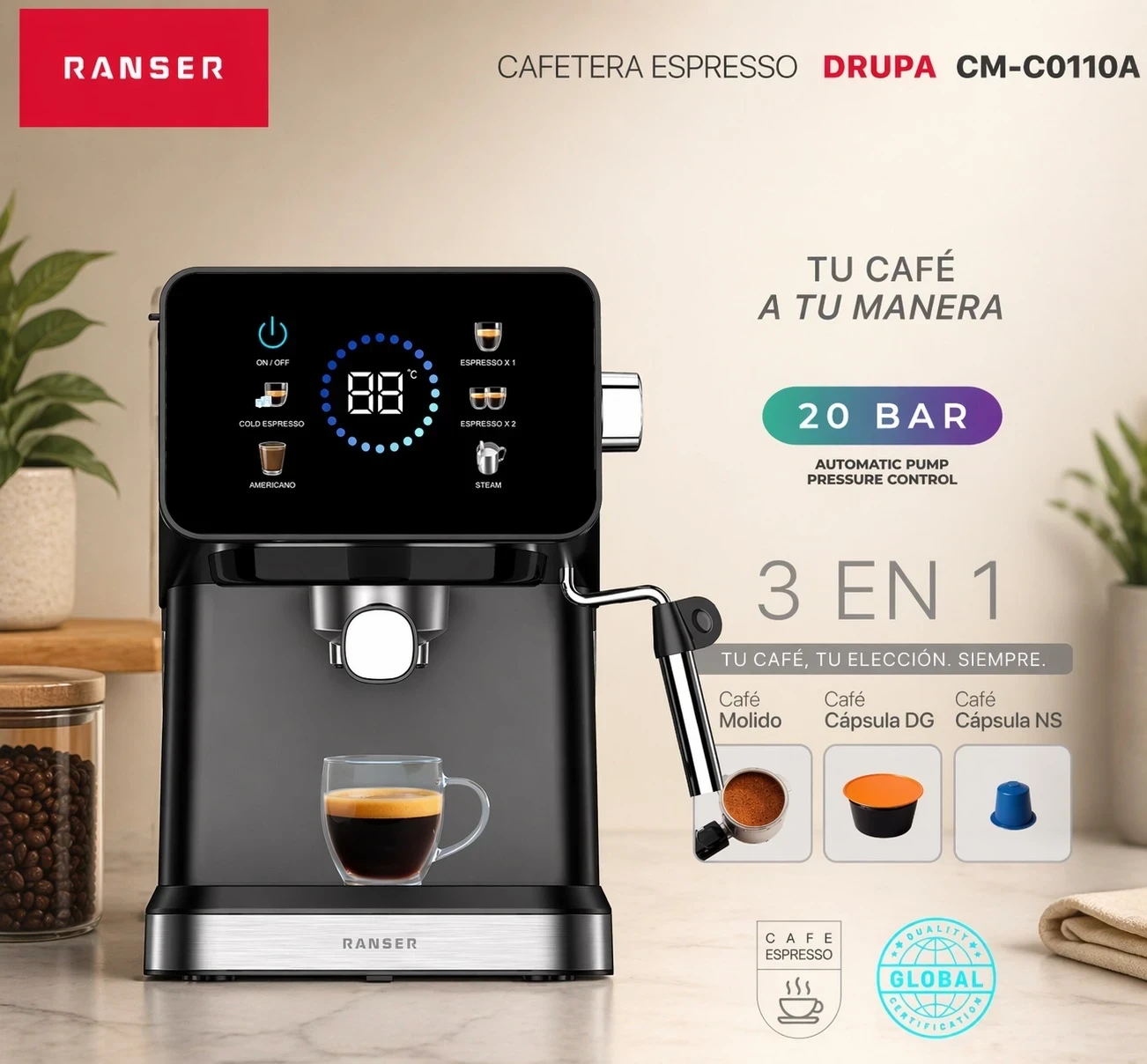 CAFETERA ESPRESSO 3 EN 1 RANSER TOUCH 20 BAR MULTI-CAPS  INGRESAN POR PEDIDO