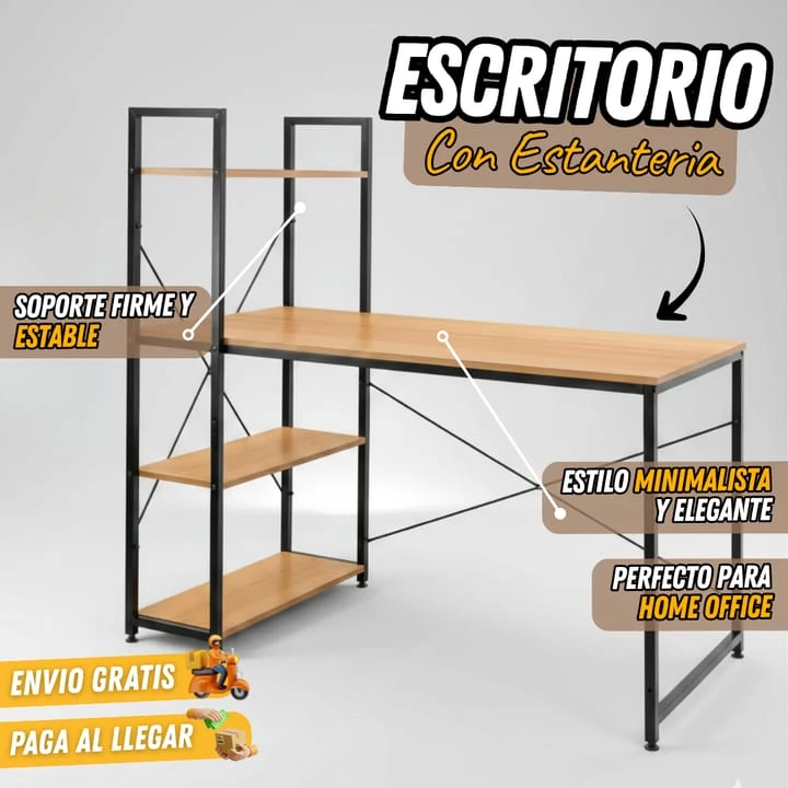 Escritorio con estantería de madera, 3