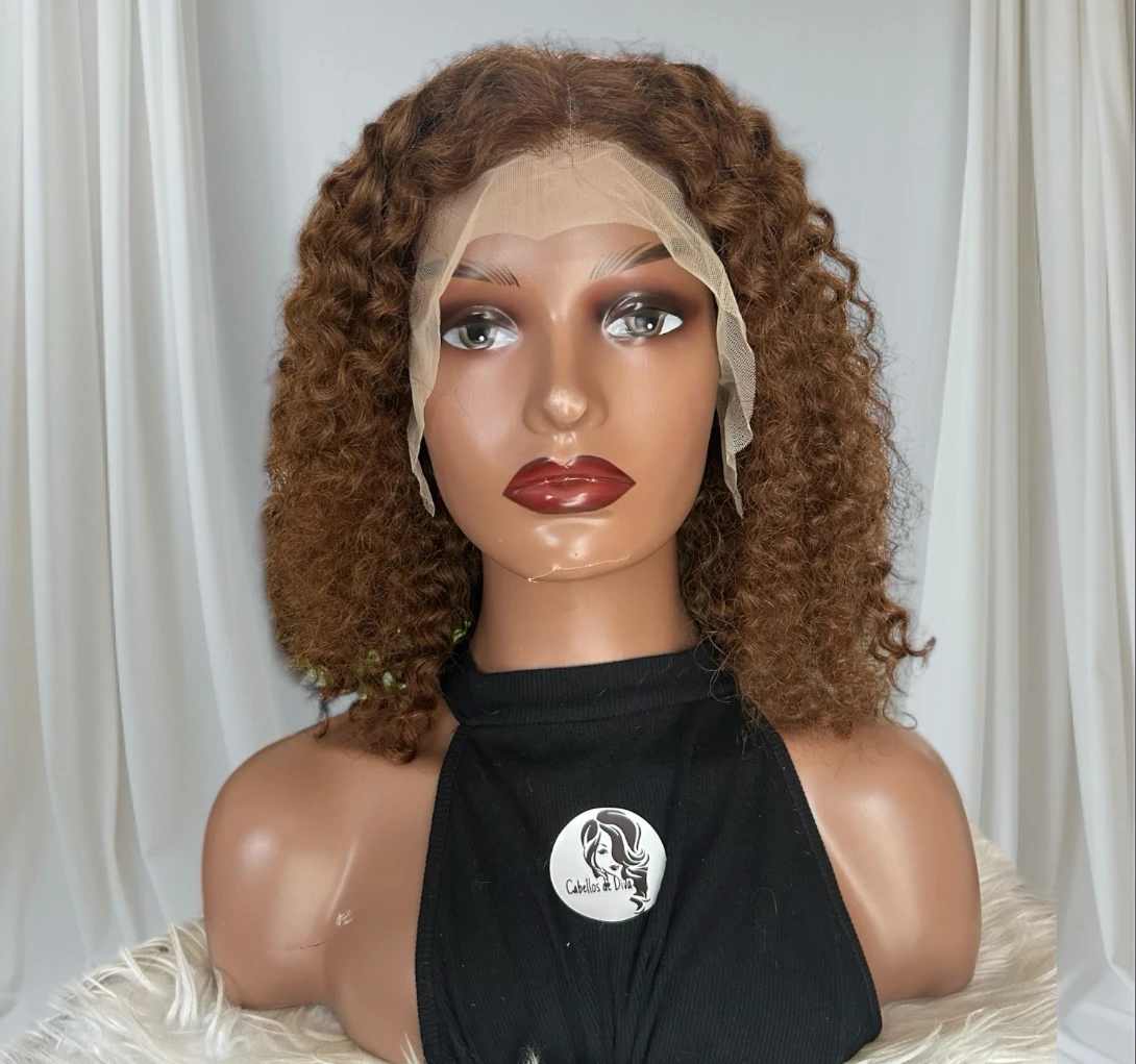 Peluca de cabello humano rizado rubio miel de 14 pulgadas, peluca prearrancada sin pegamento, peluca rizada de 13 x 4, color marrón brillante, peluca rizada  2