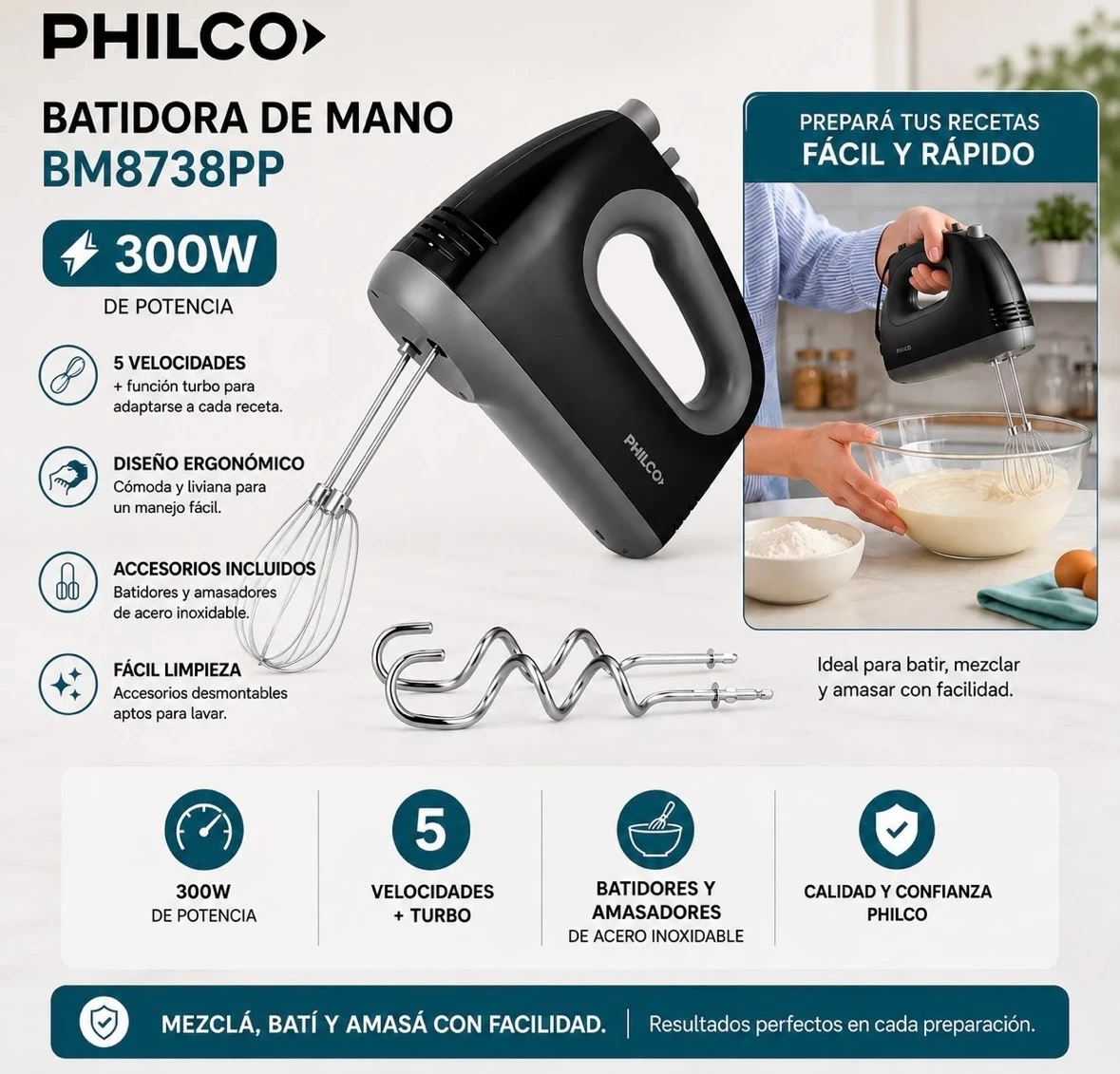 BATIDORA DE MANO PHILCO BM8738PP 300W NEGRO