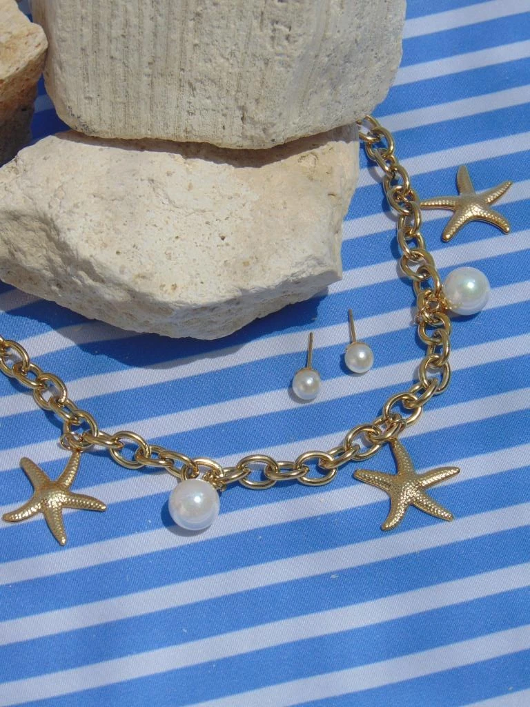 JUEGO ACERO DOR DIJES ESTRELLAS MAR PERLAS