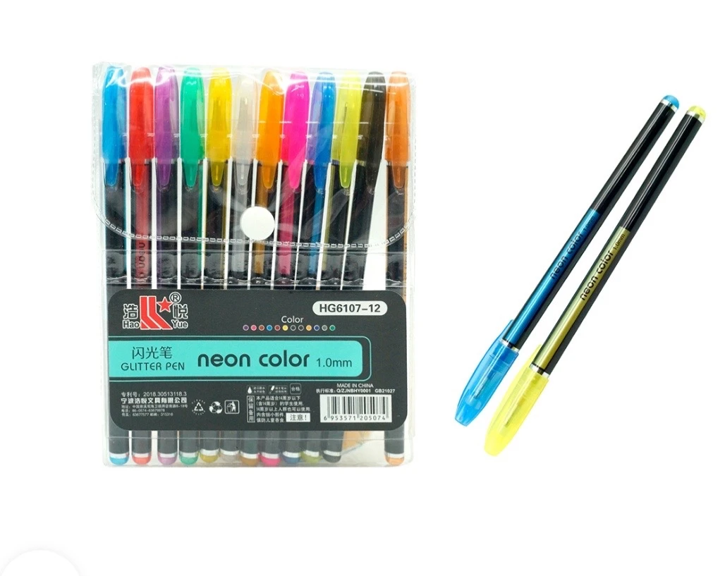 ✨ Set de 12 Plumas de Gel Neón con Tinta Glitter / Escarcha (1.0 mm) ✨