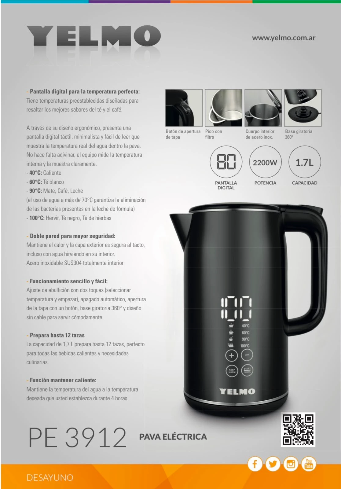 Pava Eléctrica Yelmo Pe-3912 1.7lt 2200w Pantalla Digital Color Negro 