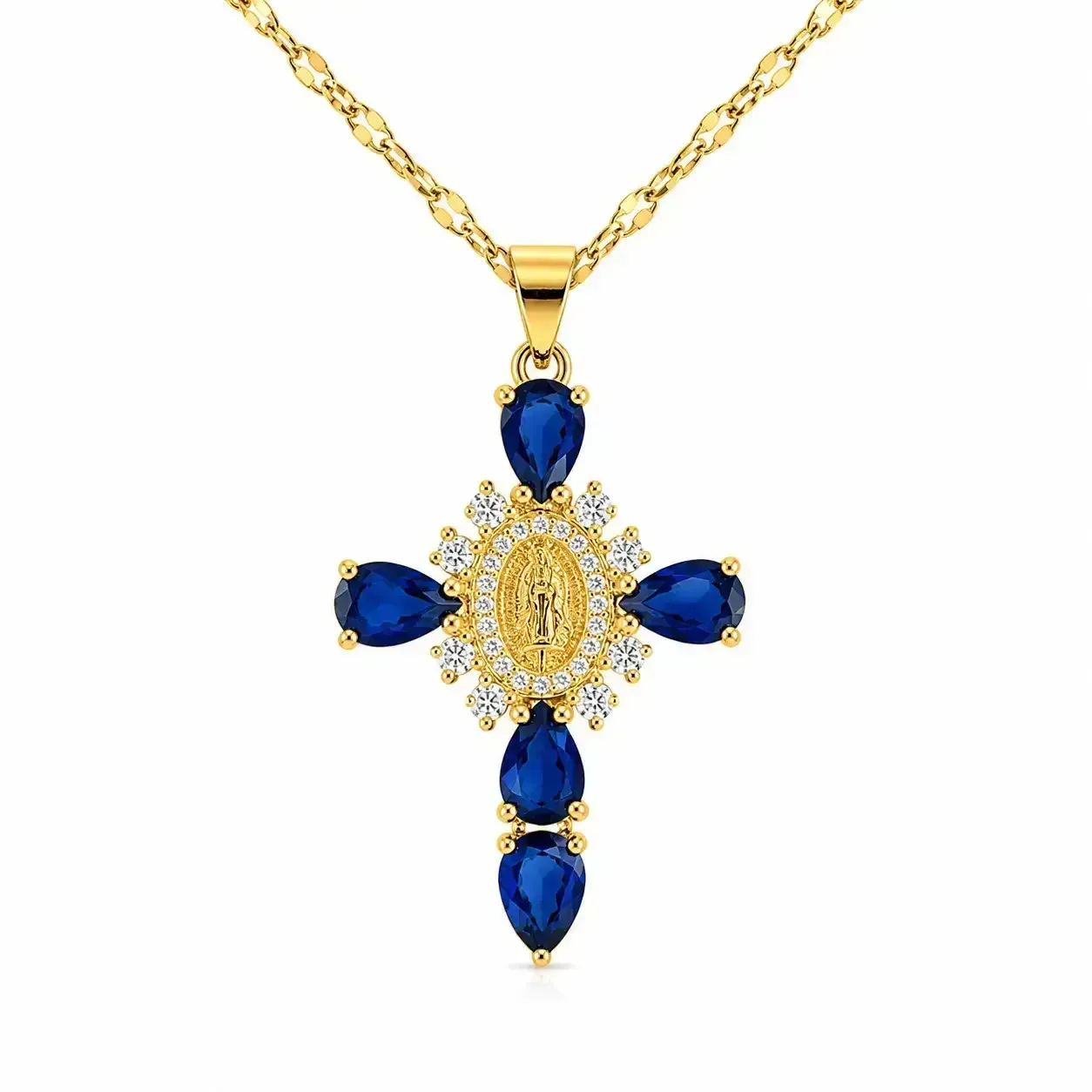 Cadena Y Dije En Acero Con Piedra Circon De Cruz Virgen De Guadalupe Azul