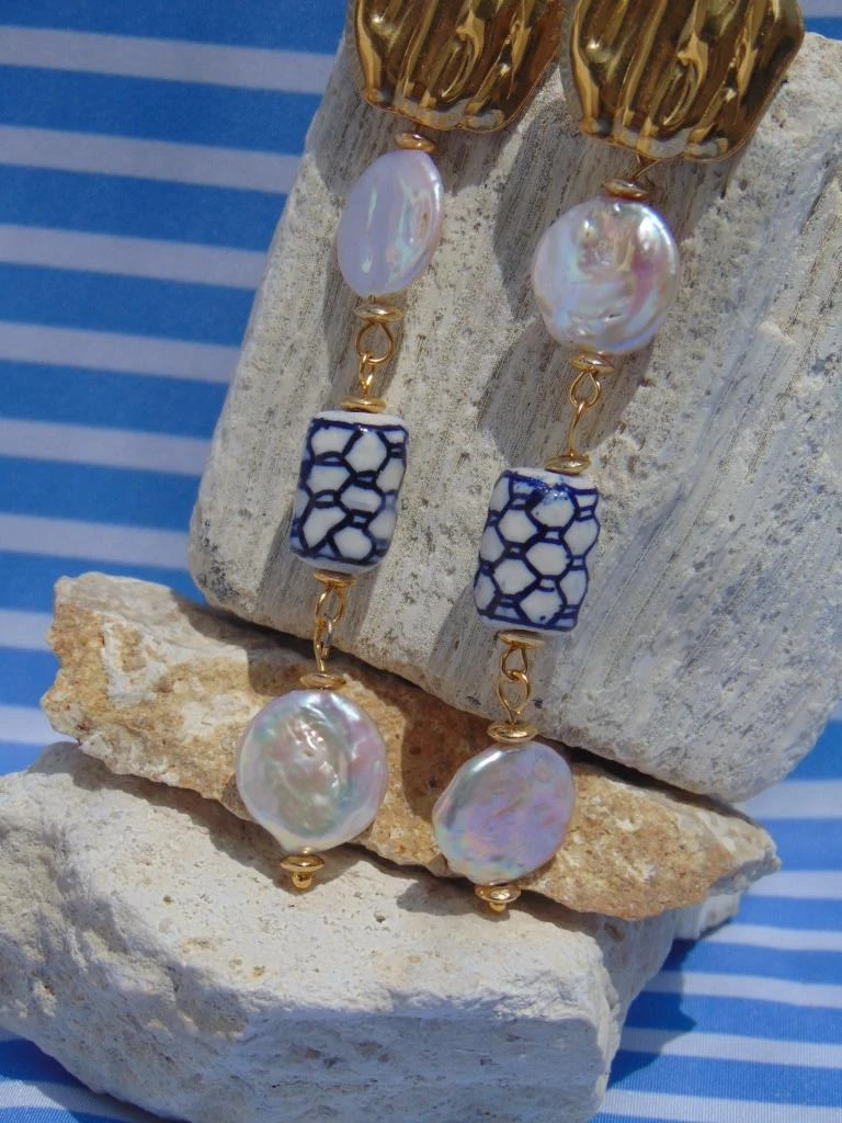 ARETES ACERO DOR LARGO PERLAS SHELL ROSA Y MEDITERRANEO 3