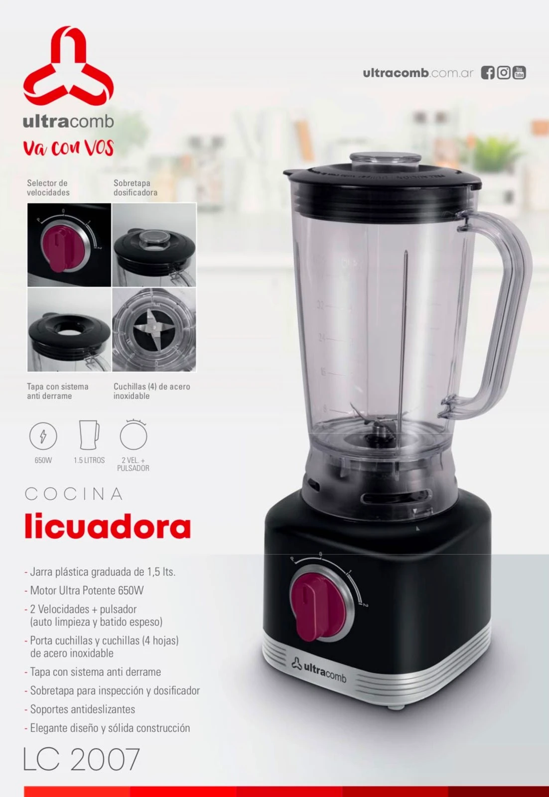 Licuadora Portátil Ultracomb Lc-2007 1.5 L Jarra Plástico Color Negro