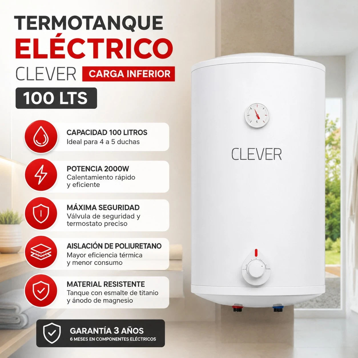 TERMOTANQUE ELÉCTRICO CLEVER 100 LTS