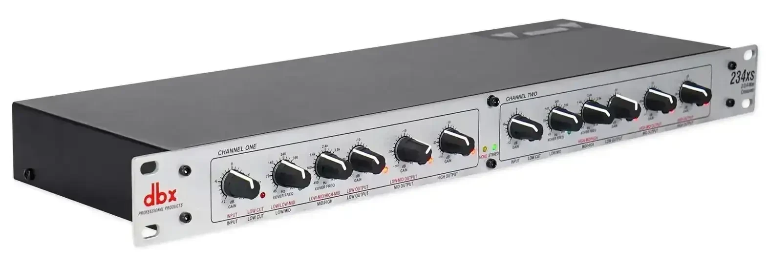 CROSSOVERDBX 234 XS DE 4 VIAS,   dBX 234XS Crossover stereo 2/3 vías o mono en 4 vías con conectores XLR ( Canon )  Entradas y Salidas balanceadas con conector XLR 3 Pins Interruptores de modo de operación mono 2-way/3-way estéreo de 4 vías Resumen de la salida de baja frecuencia (subwoofer) interruptor de la gama x10 en ambos canales 40 Hz de paso alto (corte bajo) filtro de dos canales Interruptor de inversión de fase en todas las salidas Controles individuales de nivel en todas las salidas 24dB por octava filtros Linkwitz-Riley (el estándar profesional) LED de estado estéreo / mono indican el modo seleccionado 2 años en piezas y mano de obra de serie dbx ® CSA NRTL / C aprobados CE RoHS 3
