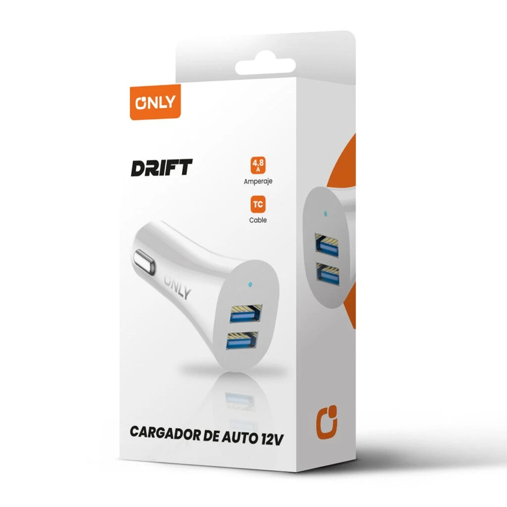 CARGADOR 12V DRIFT MODS-501 – 2 USB + CABLE TIPO C – ONLY – BLANCO