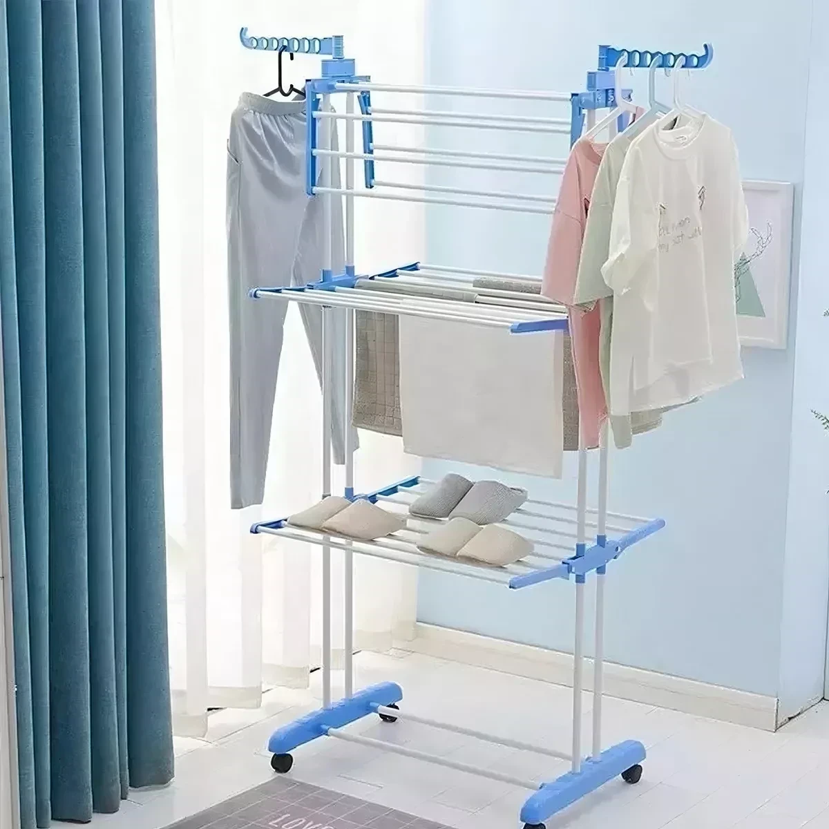 Tender 3 niveles de pie colgador ropa con rueda vertical portatil color blanco y azul