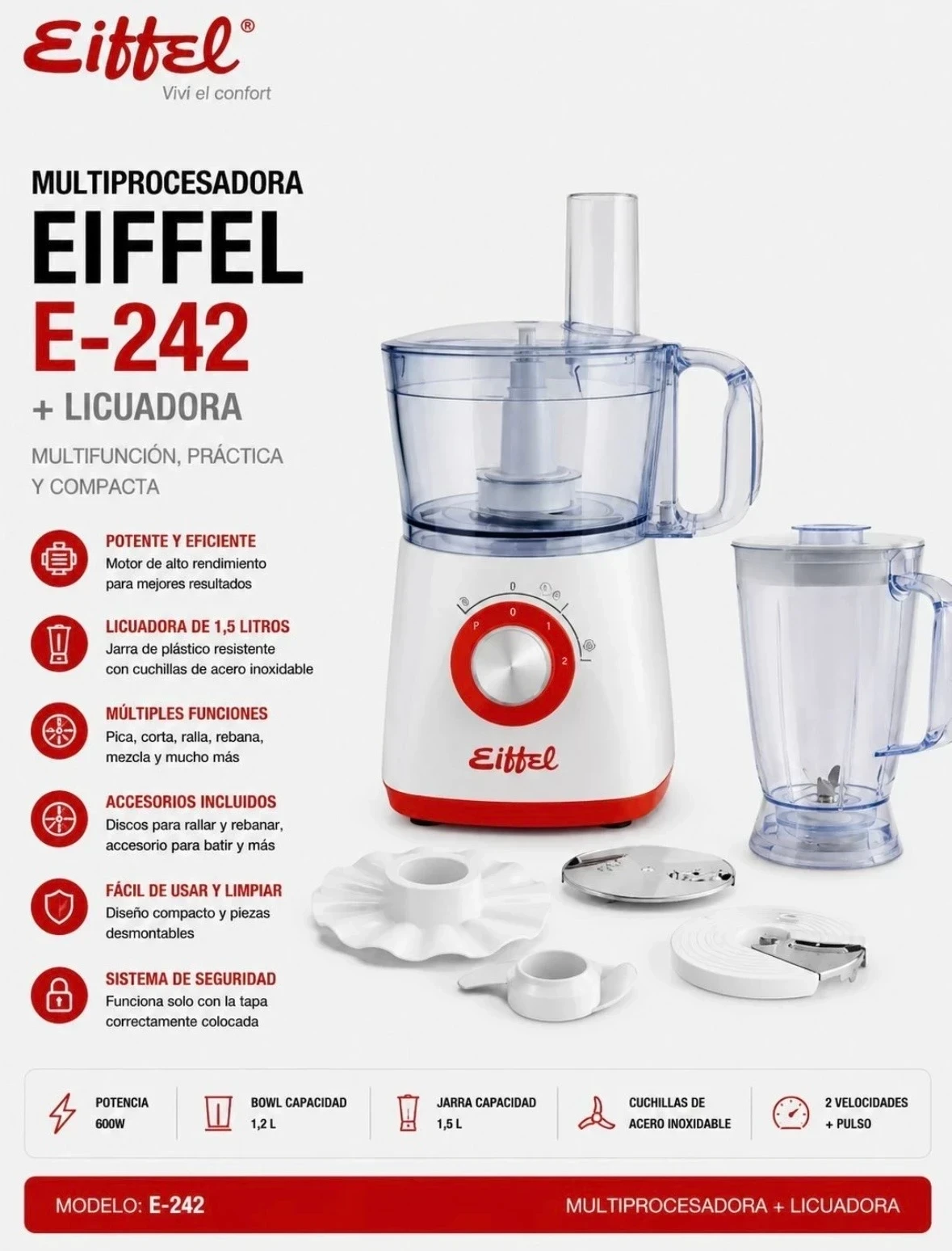 MULTIPROCESADORA + LICUADORA EIFFEL E-242 700W BOWL VIDRIO*