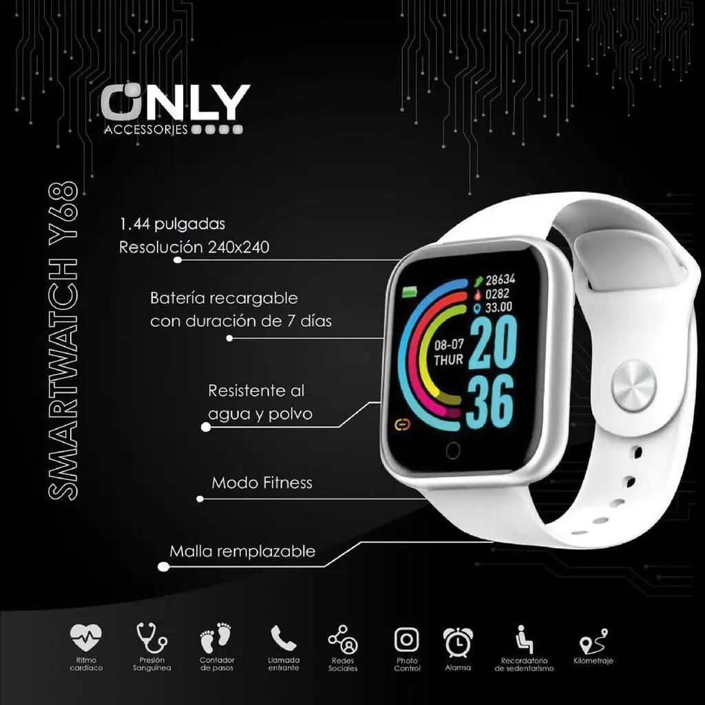 Smart watch y68 negro rosa blanco