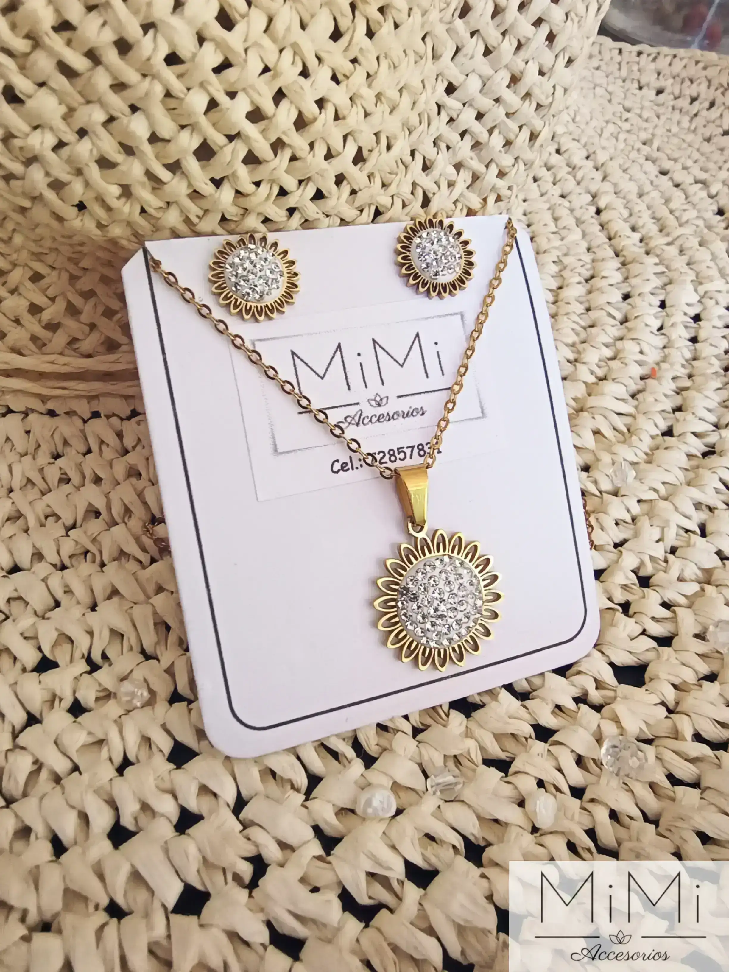 Juego de joyas de girasol con brillantes en acero inoxidable 