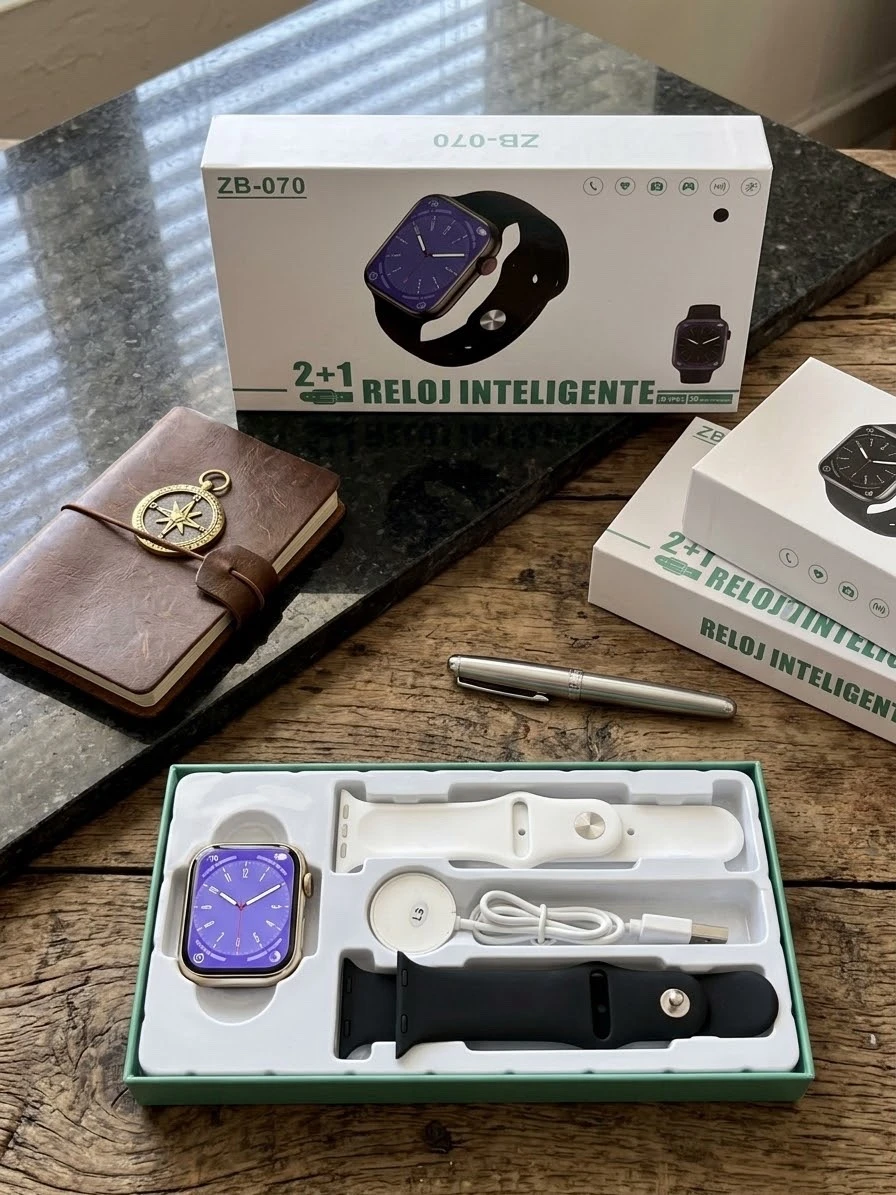 Reloj Inteligente ZB-070 Kit 2+1 – Incluye 2 Correas (Blanca y Negra), Cargador Magnético y Protector