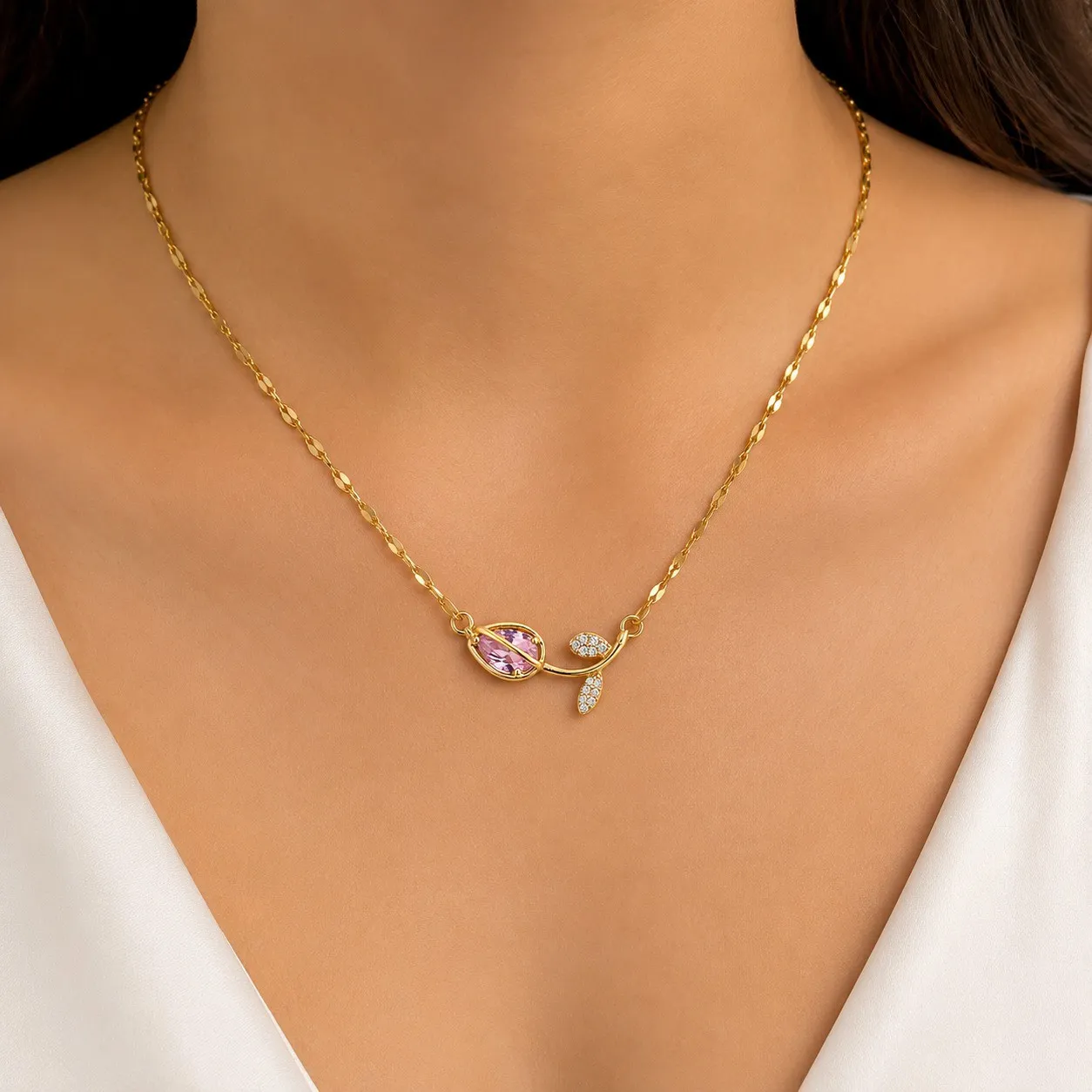 Cadena Y Dije En Acero Con Piedra Circon De Tulipan Rosado 3
