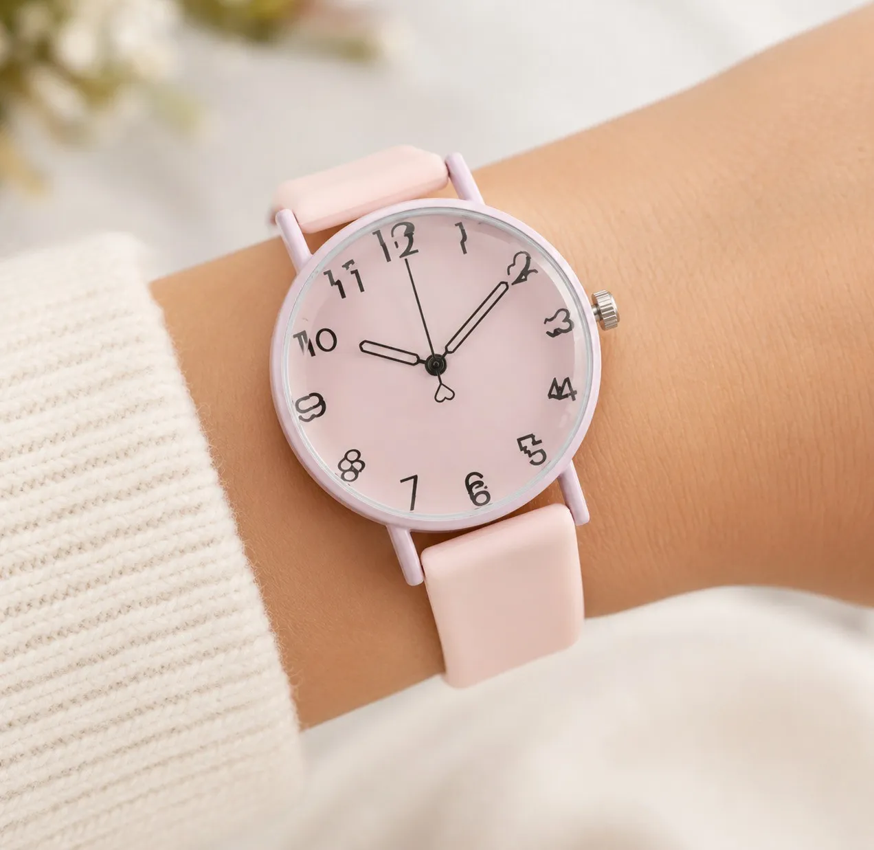 Reloj Pulso Goma Analogo Segundero Corazon Rosado