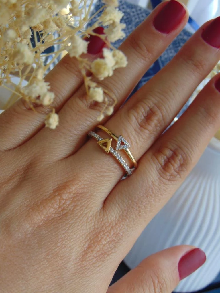 ANILLO ACERO BICOLOR TRIANGULOS DOS LINEAS 