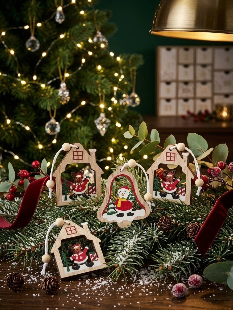 set de 12 Colgantes navideños de madera artesanal  5.5 cm  2