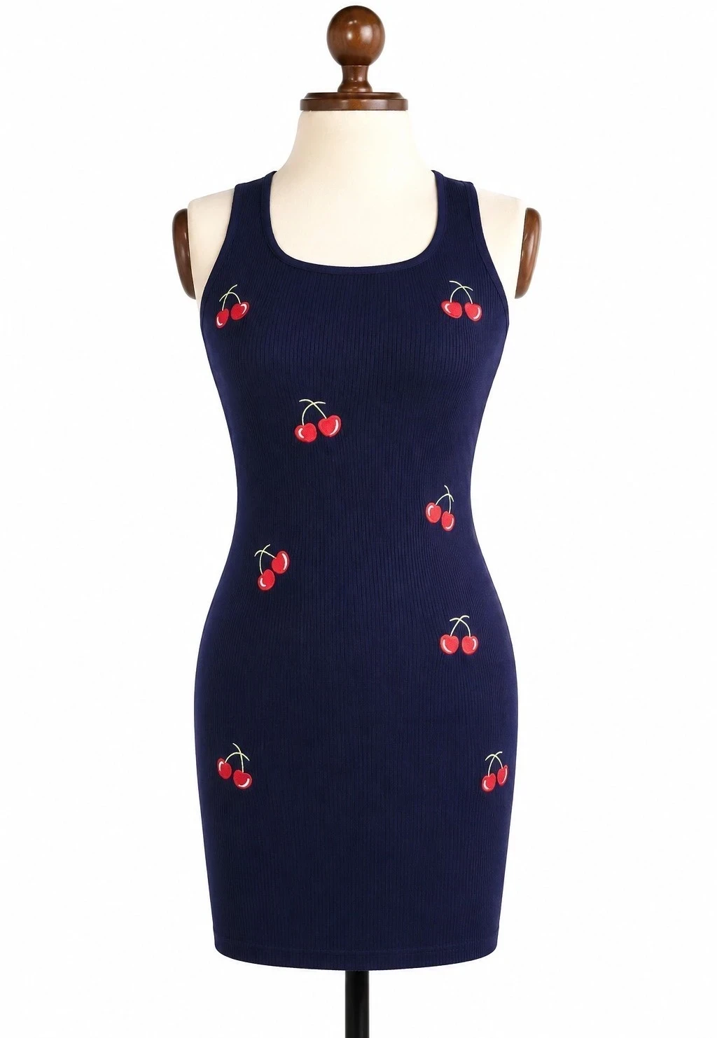 Vestido tejido azul oscuro con bordado de cerezas 