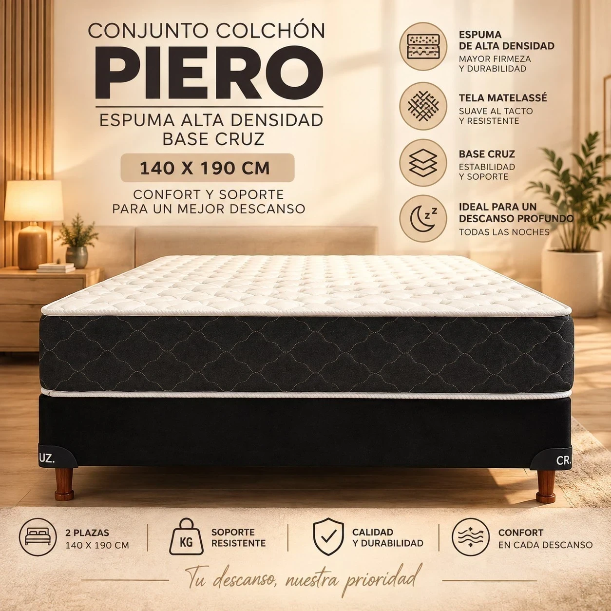 CONJUNTO COLCHÓN PIERO FOAM + BASE CRUZ — DOS PLAZAS 140 × 190 CM | ESPUMA DE ALTA DENSIDAD  CONSULTAR DISPONIBILIDAD CON EL VENDEDOR