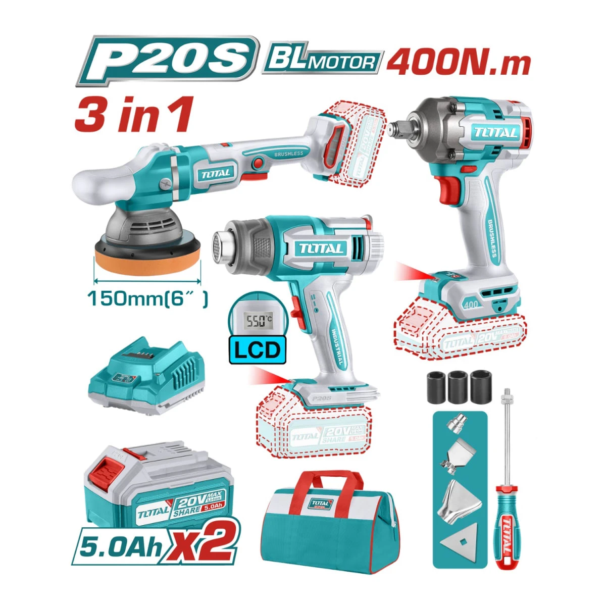 Combo llave de impacto + pistola de calor + pulidora industrial total SKU: TOSLI240863
