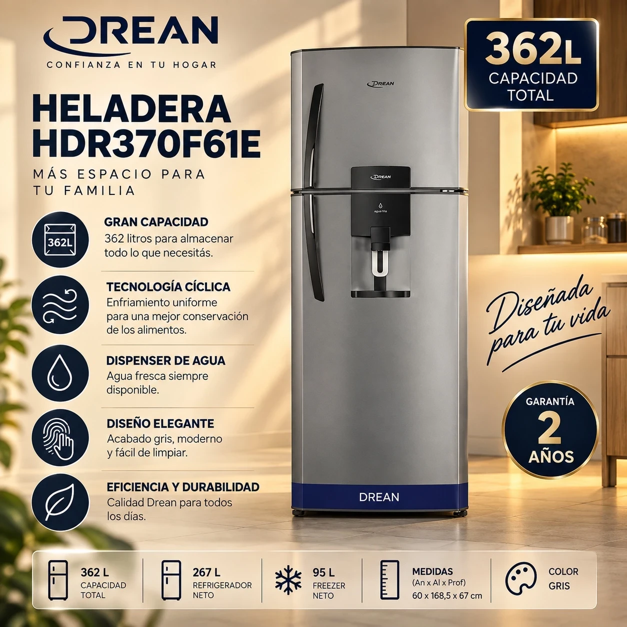 HELADERA DREAN 362L C/DISPENSER SILVER CONSULTAR DISPONIBILIDAD CON EL VENDEDOR 