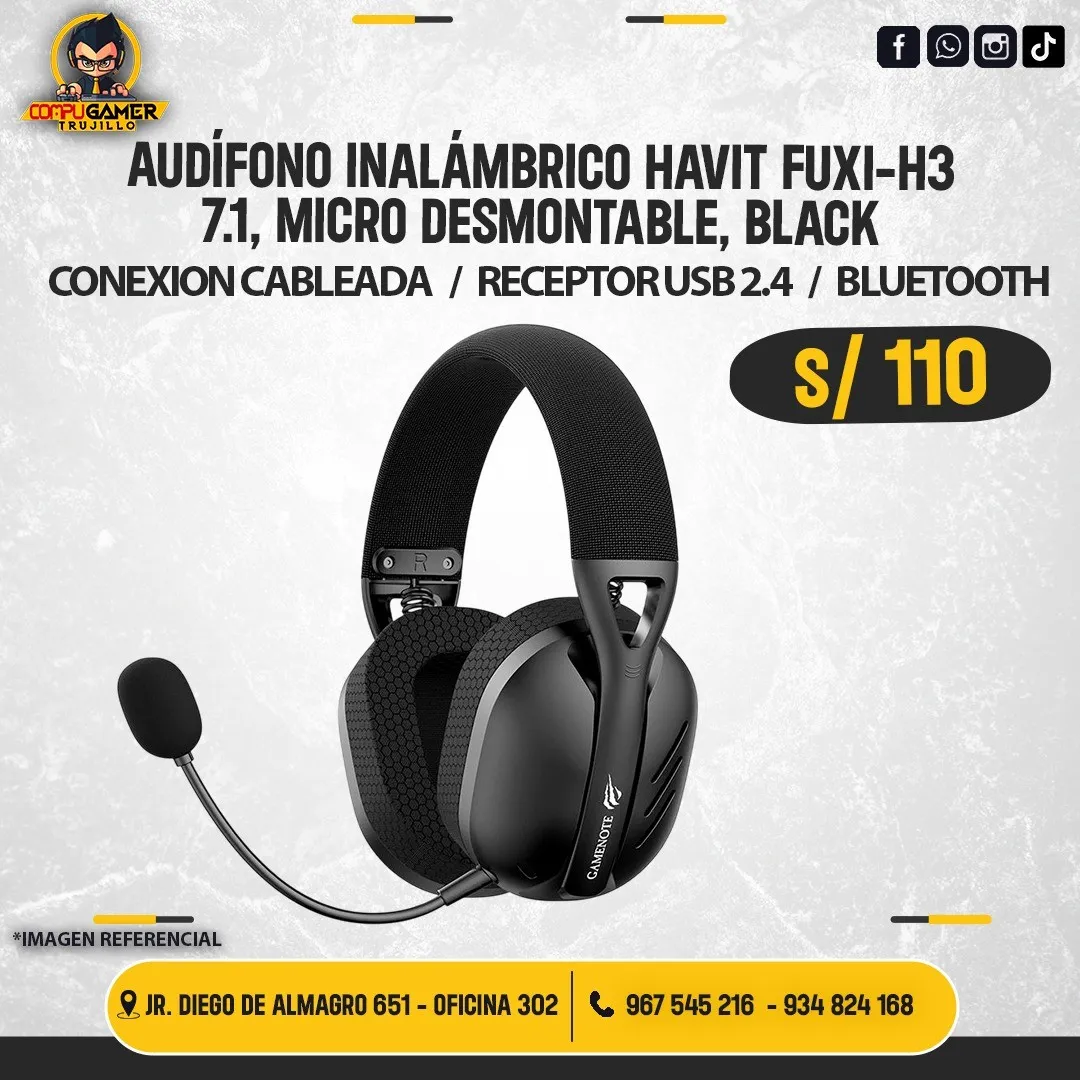 AUDÍFONO INALÁMBRICO HAVIT FUXI-H3, 7.1, MICRÓFONO DESMONTABLE, BLACK
