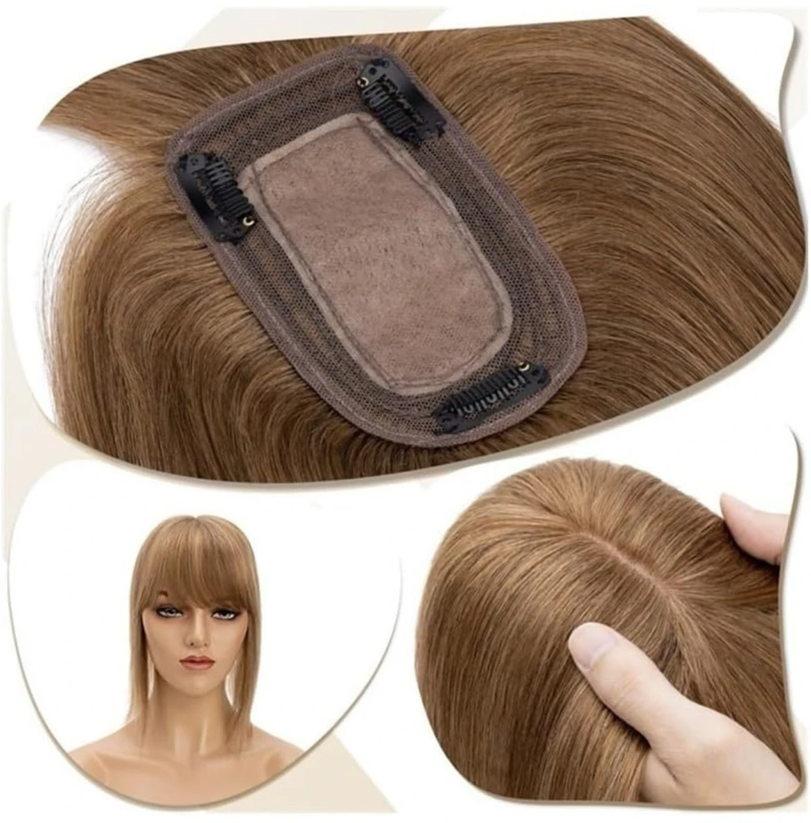 Toppers para el cabello para mujer, cabello humano real 360° 3D con clip en flequillo para adelgazar 150% de densidad, pelucas de cobertura larga para uso diario, color marrón medio #04, 2