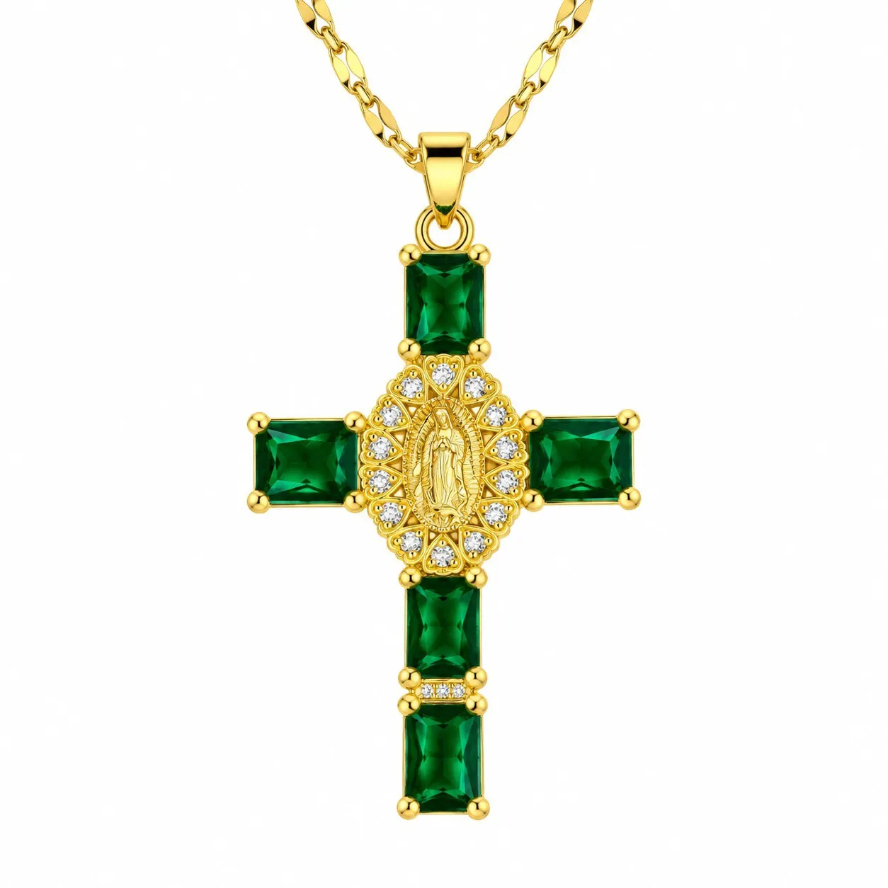 Cadena Y Dije En Acero Con Piedra Circon De Cruz Corazones Virgen De Guadalupe Verde