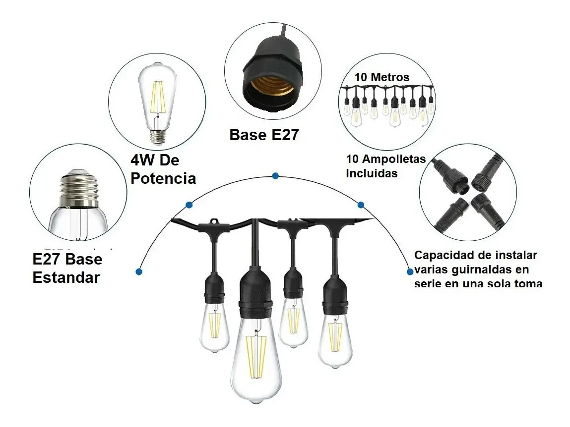 Guirnalda10mt Con Ampolletas 4W Incluidas  Decorativas Luces Calidas 2
