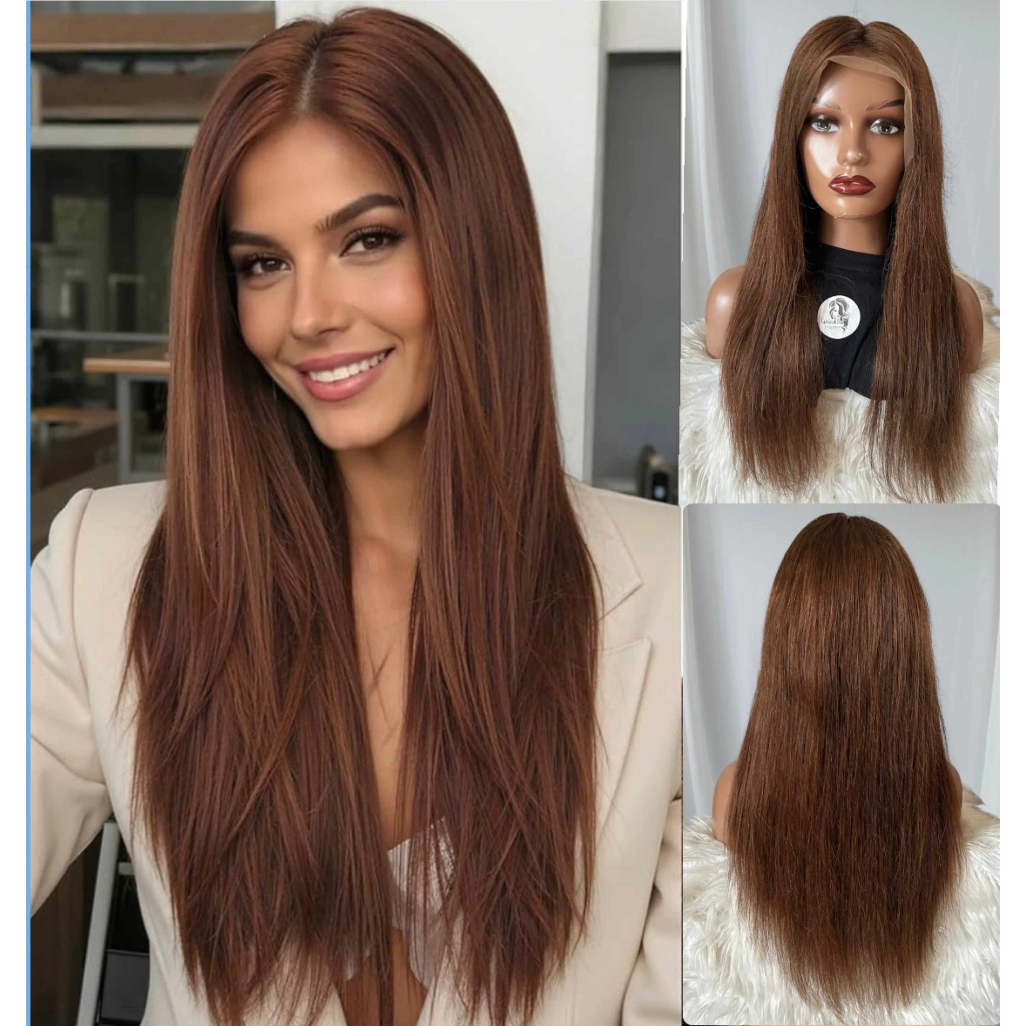 Peluca lisa de 24 pulgadas cabello humano, chocolate medio, frontla lace 13x4, densidad  media 