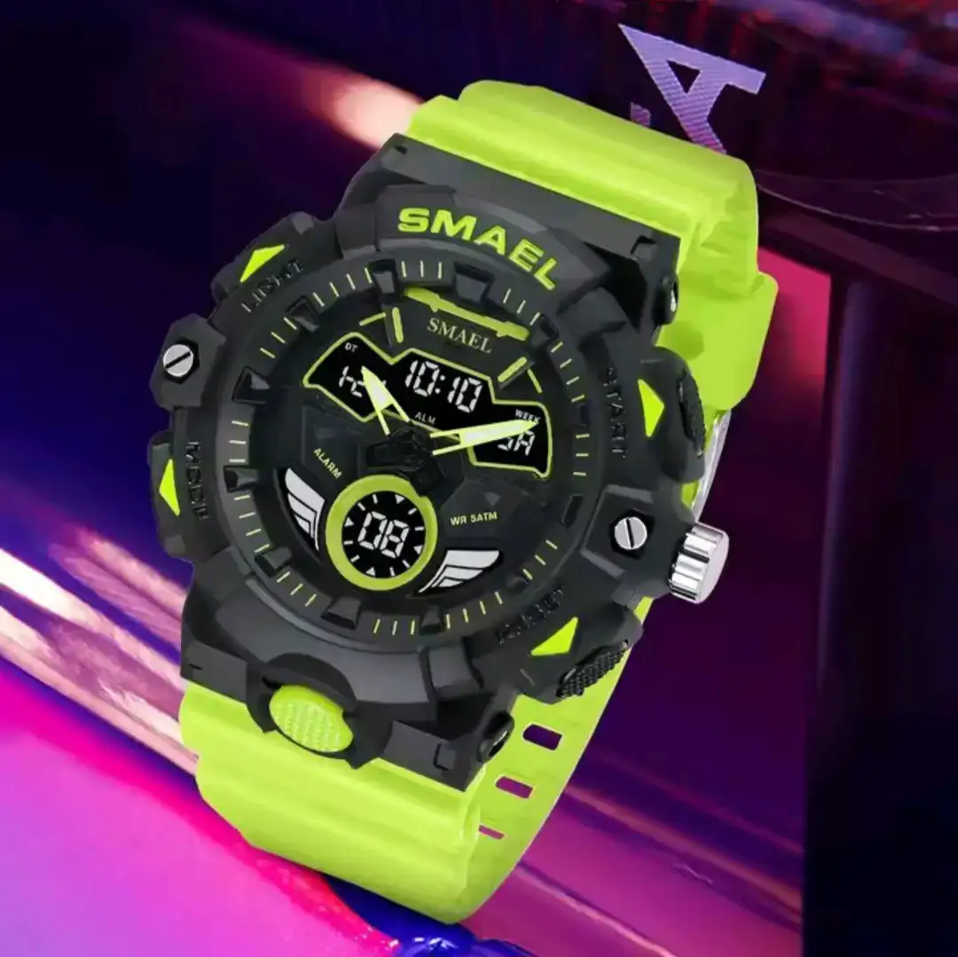 Reloj Smael Original Sumergible Deportivo Doble Hora 8085 Negro Verde Fluorescente 