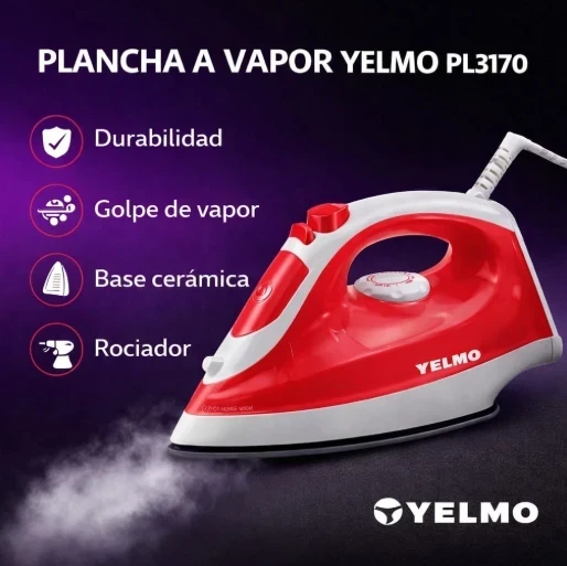PLANCHA A VAPOR YELMO SUELA ANTIADHERENTE 1400W ROJO