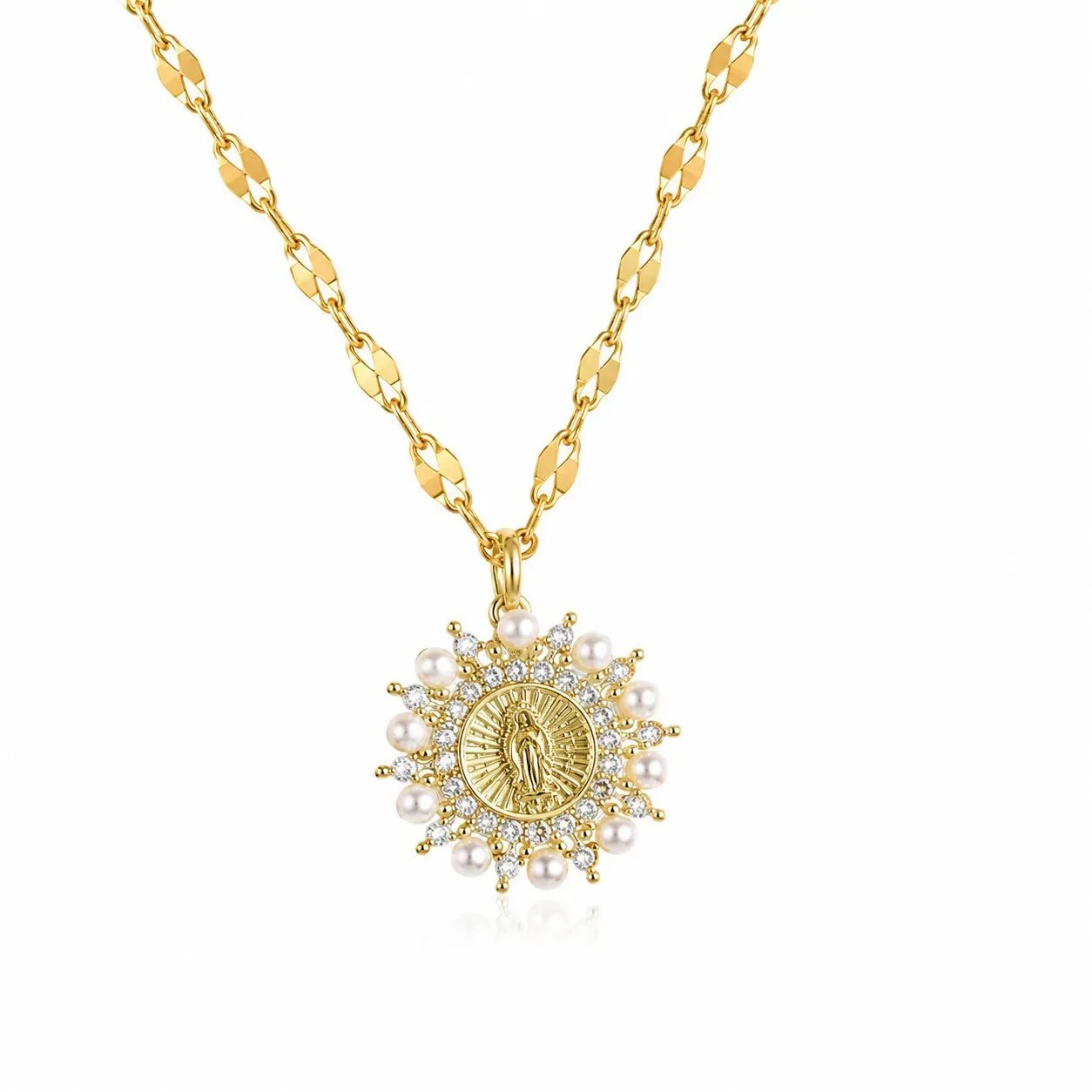 Cadena Y Dije En Acero Con Piedra Circon De Virgen Pequeña Perlas Blancas