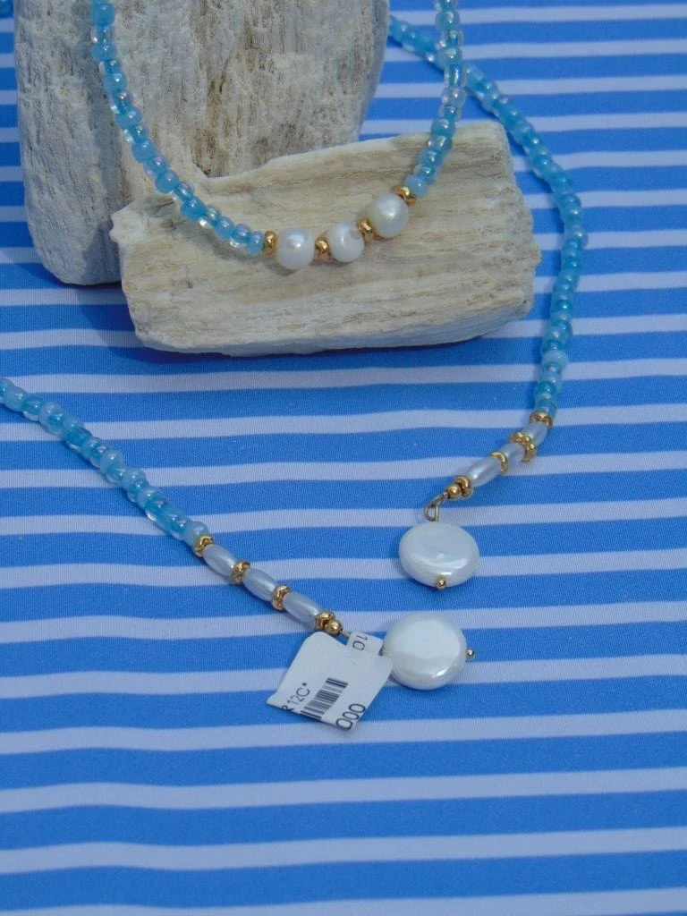 CHOKER ACERO DOR LARGO MOSTACILLA AZUL HIELO PERLA 2
