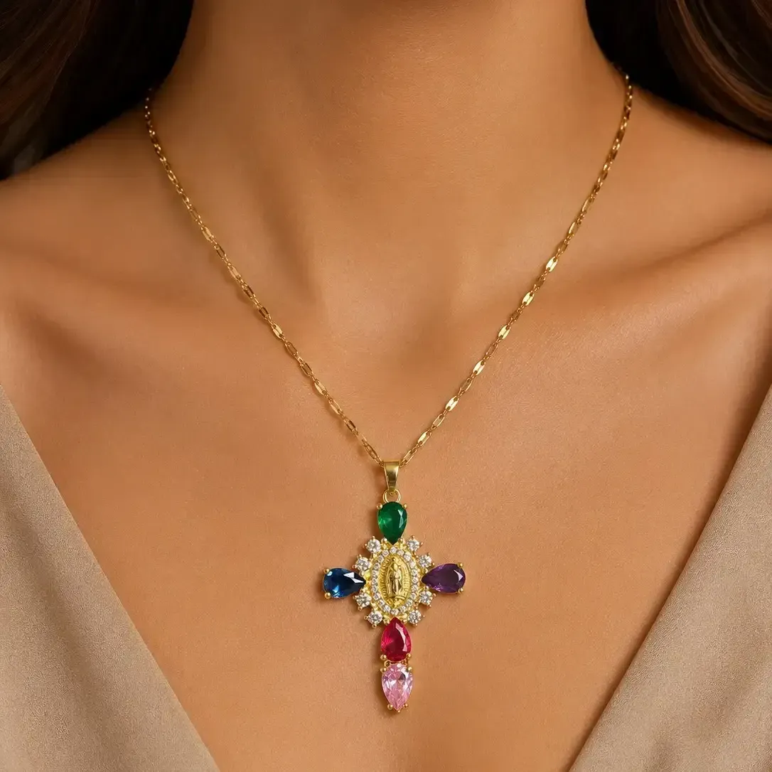 Cadena Y Dije En Acero Con Piedra Circon De Cruz Virgen De Guadalupe Colores 2